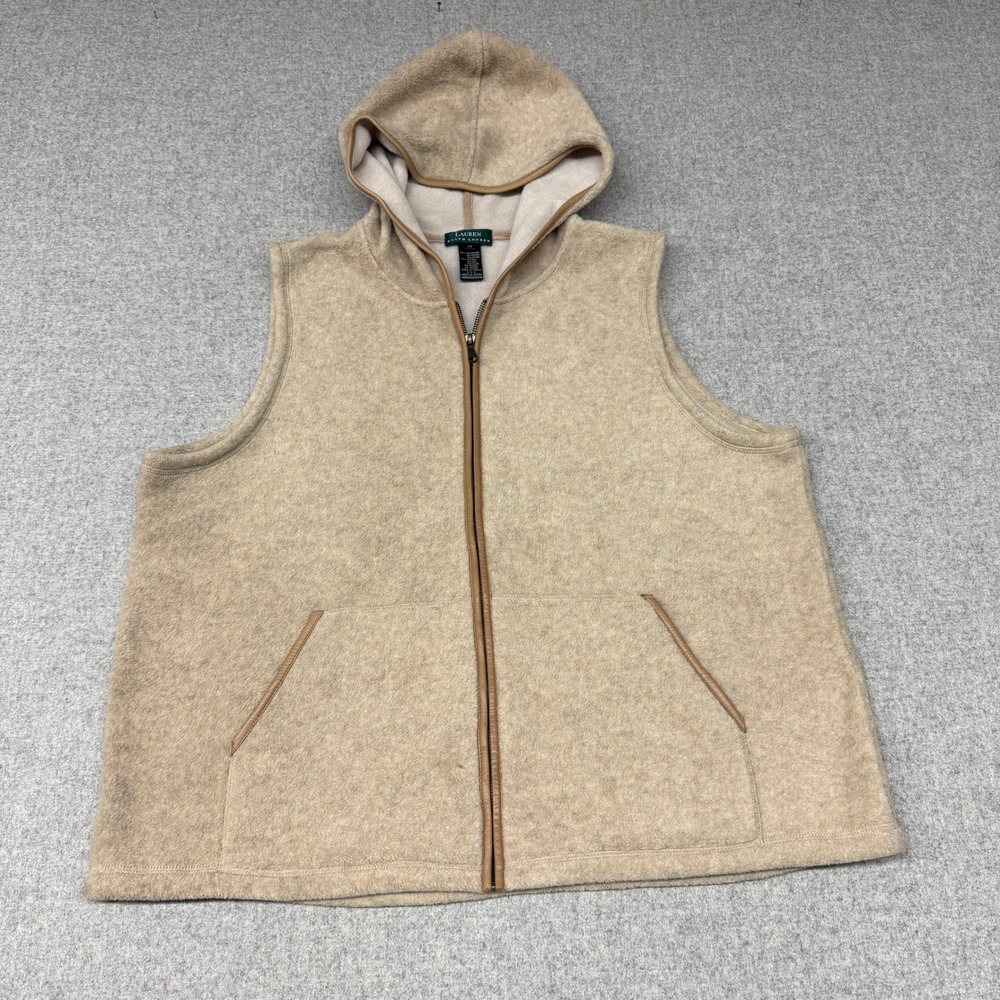 Lauren Ralph Lauren Hooded Vest 1X Tan Beige Zip Fleece Faux Leather Trim Pocket